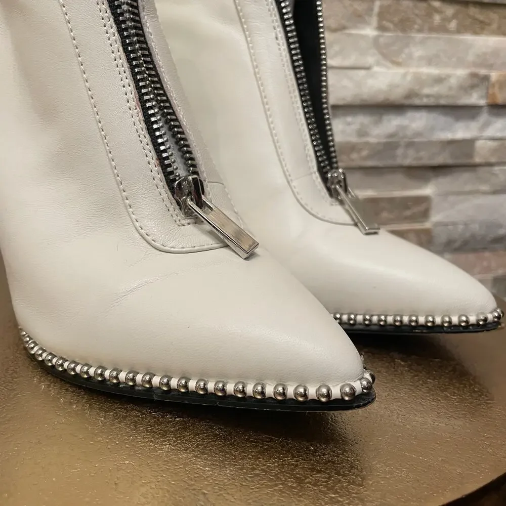 BCBGeneration Ivory White Leather Studded Zip Heeled Booties | Y2K Style, 5M